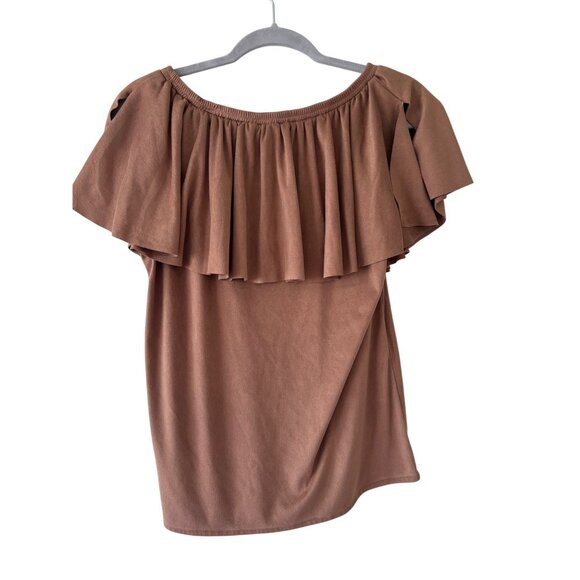Chicos Brown Faux Suede Off-The-Shoulder Ruffled Blouse - Picture 2 of 11
